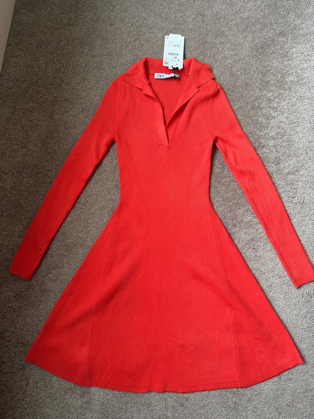 Zara Bright Red Ribbed Long-Sleeve Fit-and-Flare Dress